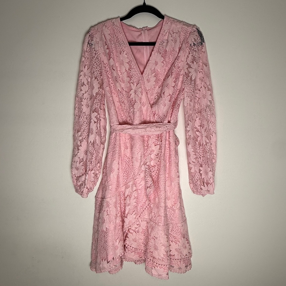Pink Floral Lace Wrap Mini Dress Long Balloon Sleeve Ruffle Hem Size L Coquette